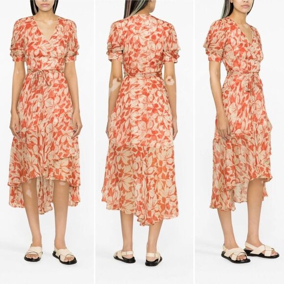 Polo Ralph Lauren Print Crinkled Georgette Wrap Dress Orange Size 12 - Picture 12 of 12